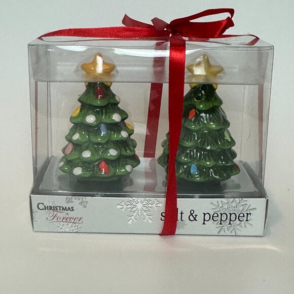 Christmas is Forever Holiday Tree Salt and Pepper Shaker Set NEW with TAGS - Picture 4 of 6